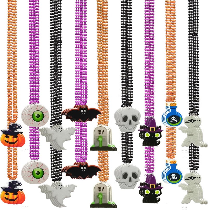 Becfupo 72 Pcs Halloween Bead Necklaces, Purple Orange Black Beaded Necklaces With Pumpkin Ghost Pendants For Halloween Party Favors, Halloween Trick or Treat Costume - Image 1